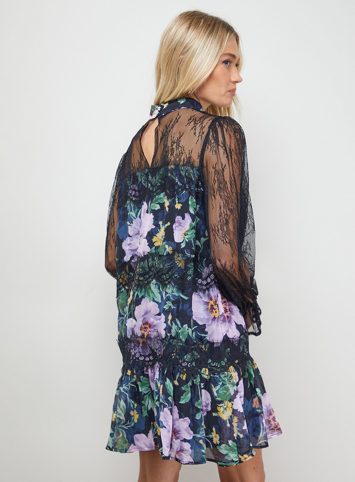OASIS Printed Lace Tiered High Neck Balloon Sleeve Mini Dress 8 - Image 3 thumbnail